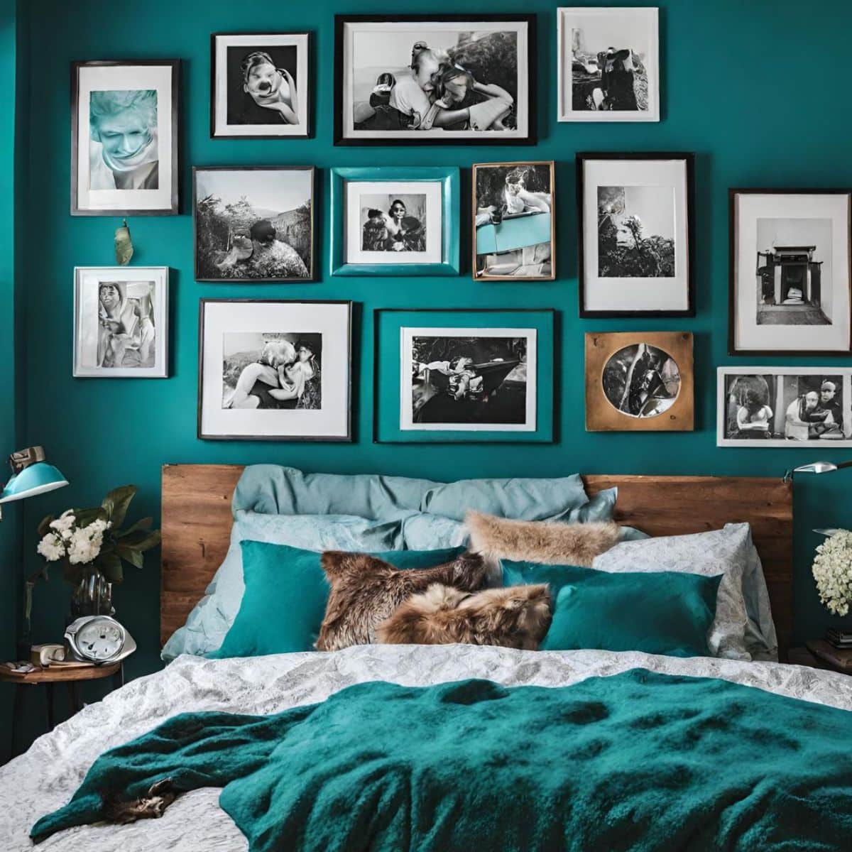 a teal bedroom with a gallery of picture frames hanged on the wall