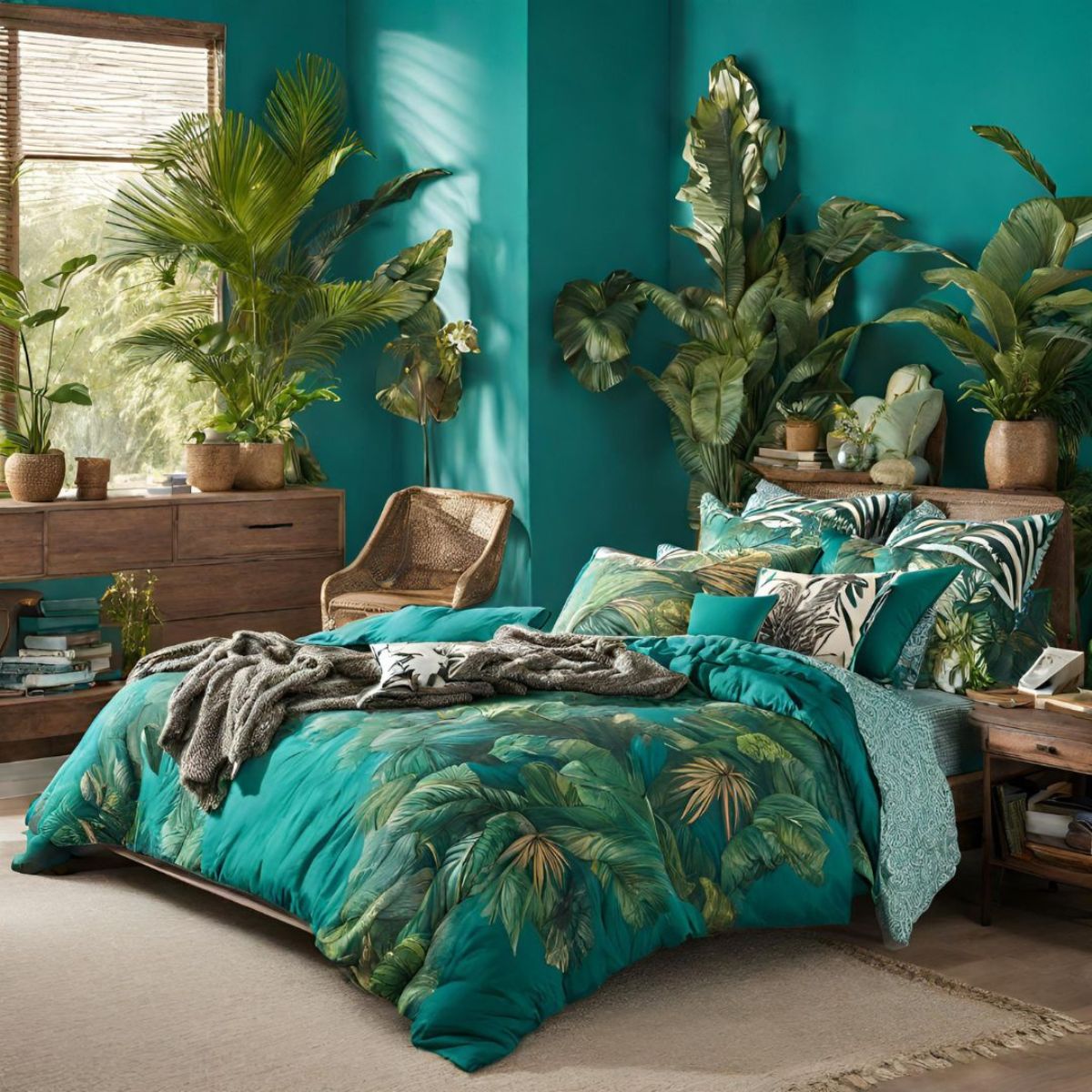 a teal bedroom with plants and jungle-printed blankets and pillows