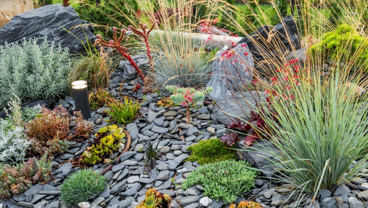 Beautiful Small Rockery Garden with LED Lighting Installed