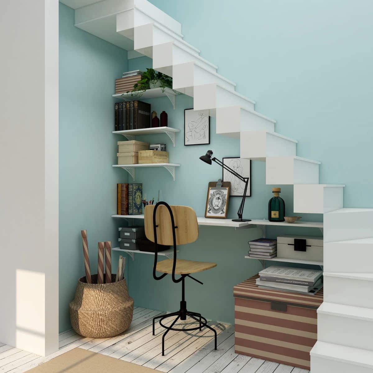 a white and blue hallway with an office underneath a staircase