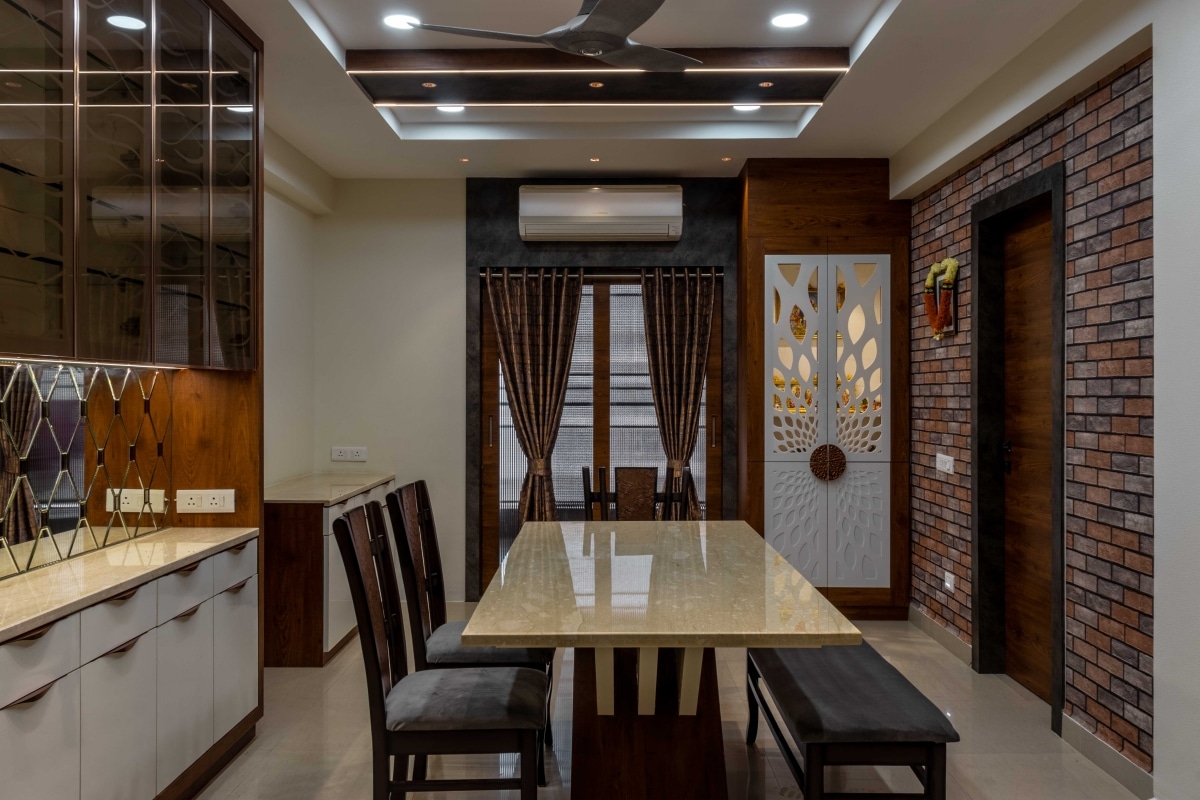 modern dining room interior with brick wall