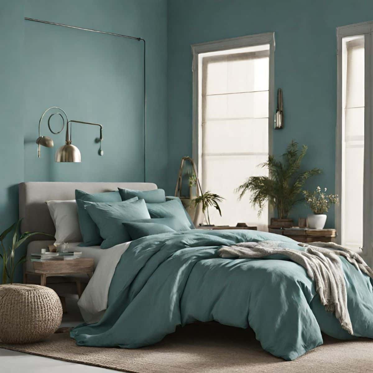a comfy and modern muted teal bedroom