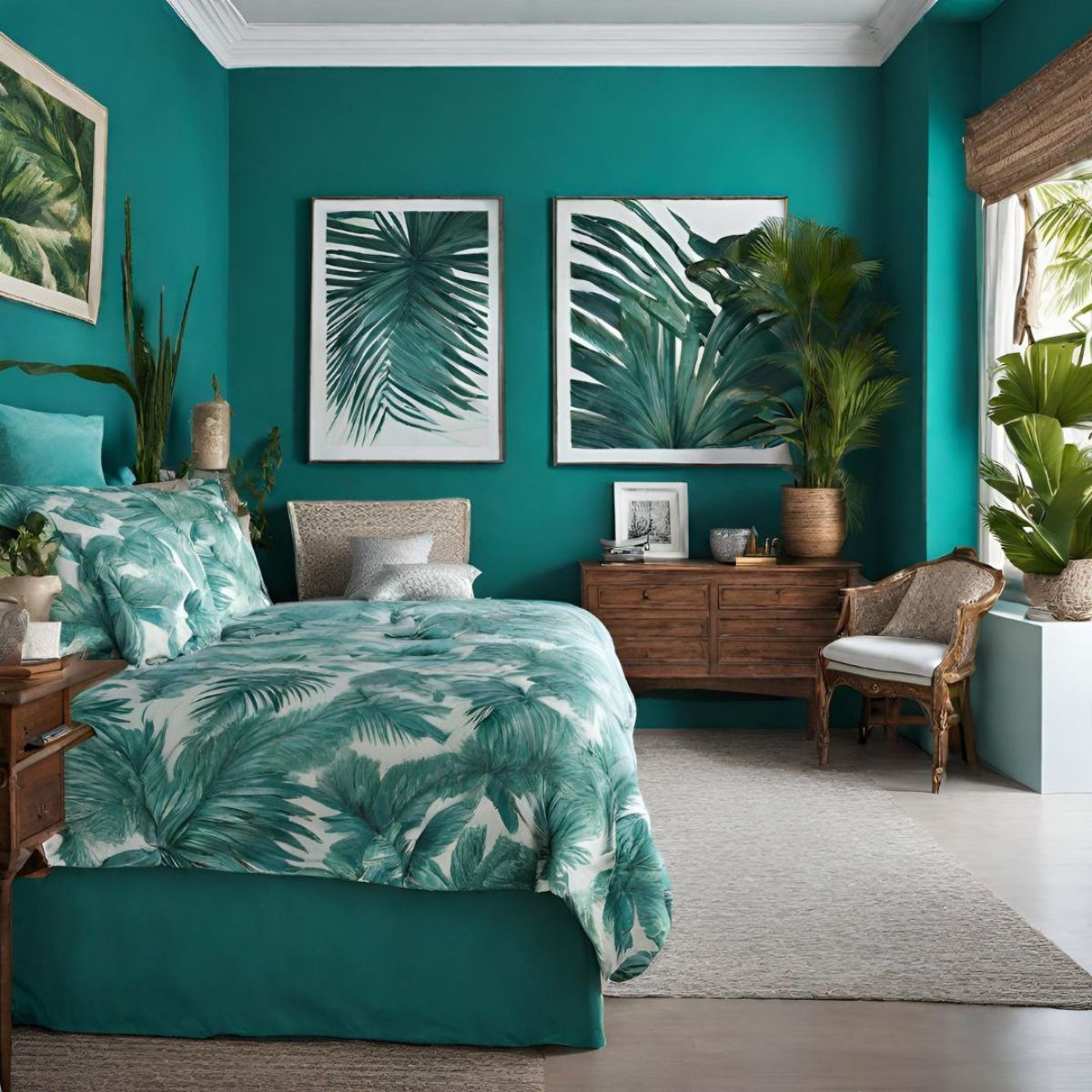 a teal bedroom with a palm-printed blanket and framed photos