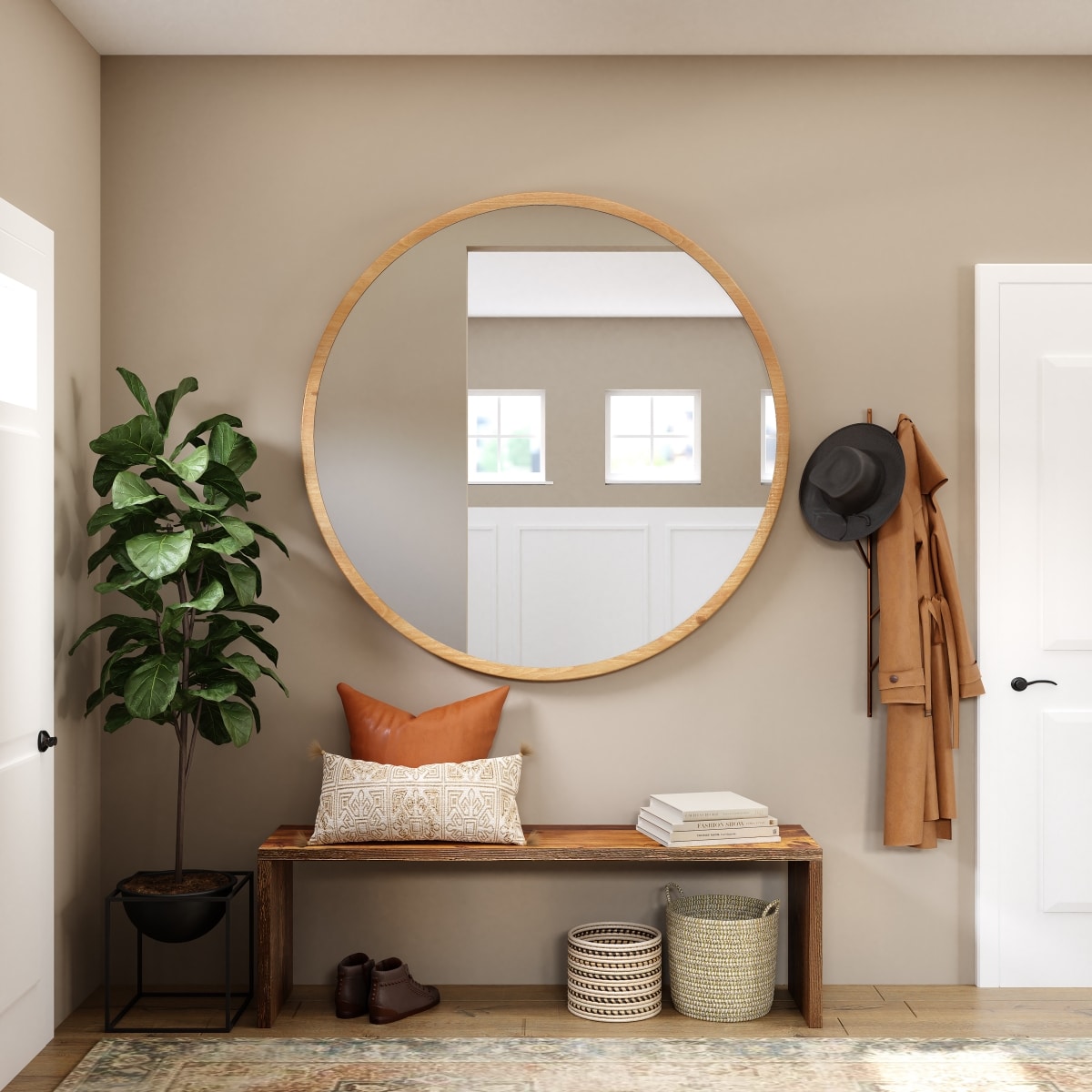 structured storage baskets under hallway bench