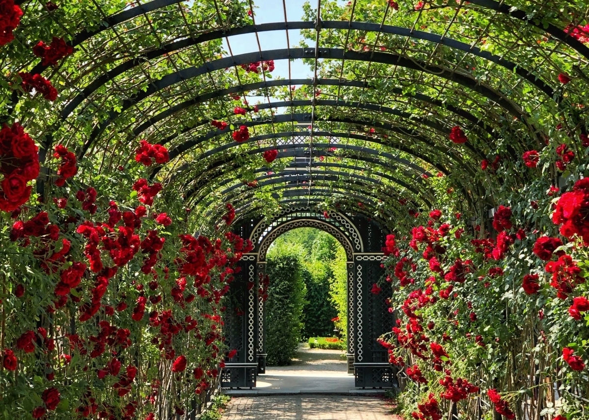stunning garden arbour lined with roses