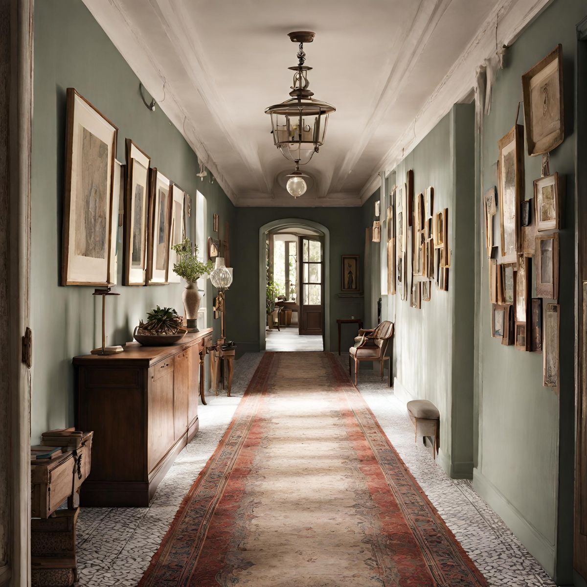 a long hallway with vintage picture frames, cabinets, and chairs