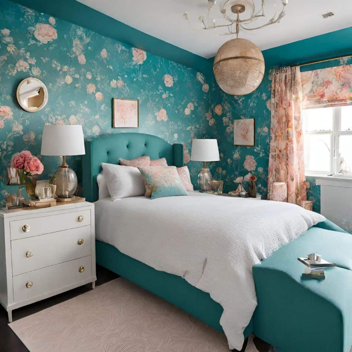 a teal bedroom with cute printed wallpaper