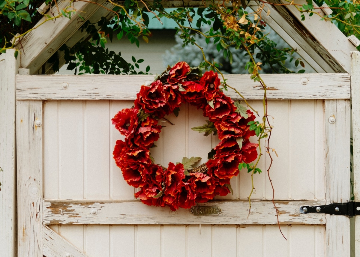 red flower wreath hanging on garden gate