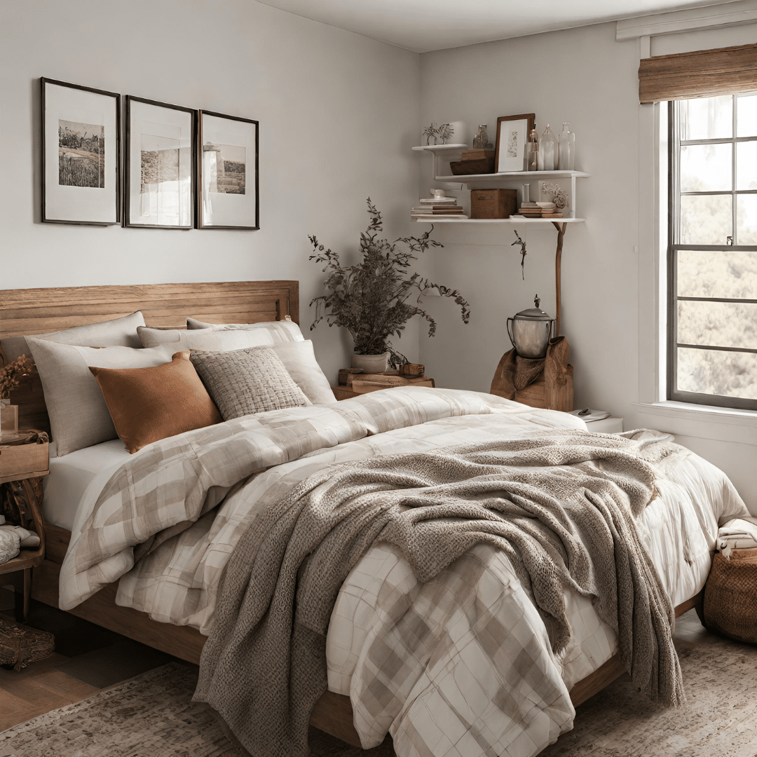 A cozy guest bedroom with plenty of pillows and flannel bed sheets.