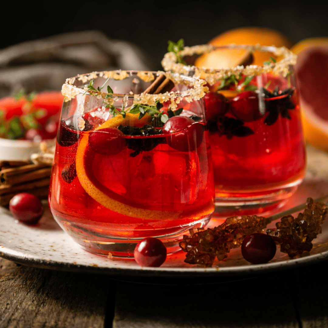 Glasses of holiday beverages to be served to guests.