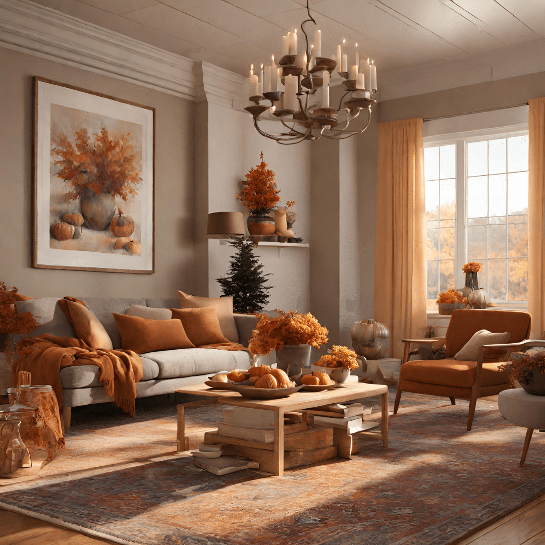 A well-decorated living room all ready for Thanksgiving.