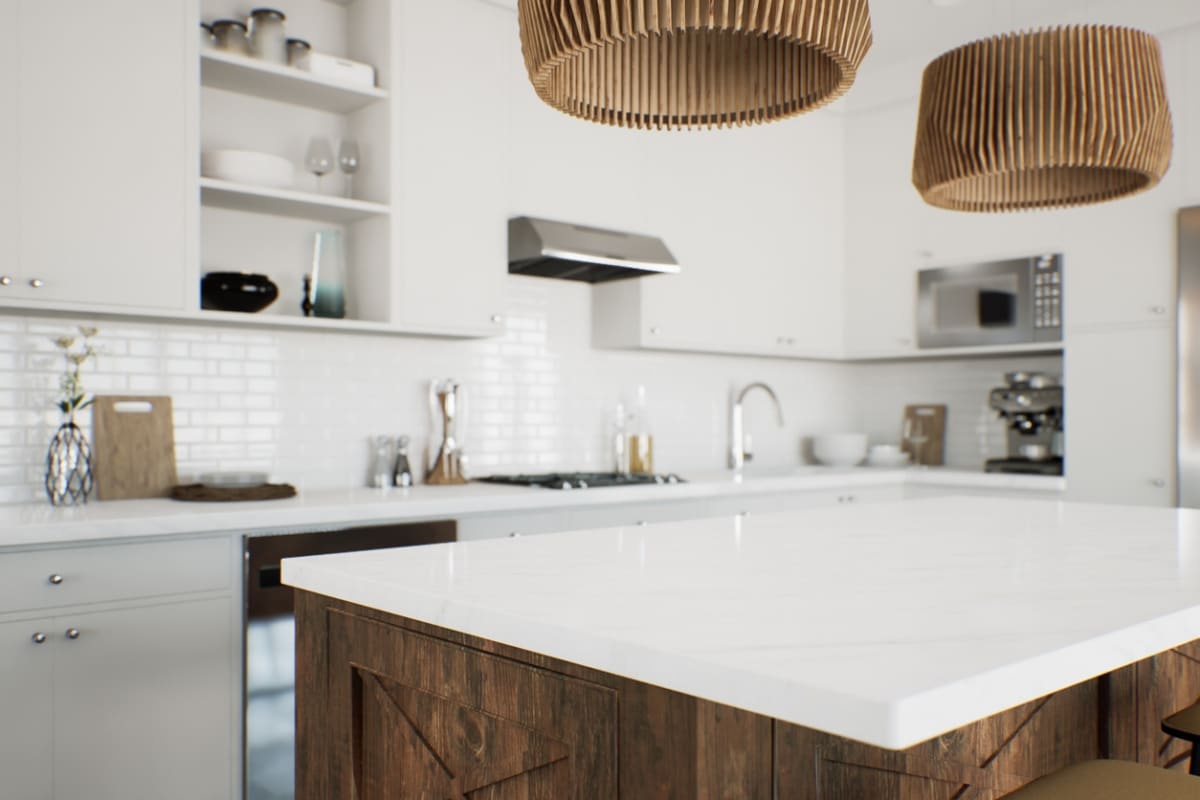 Modern kitchen with white countertops and wooden island