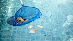 Pool cleaner removing leaves from a backyard swimming pool.